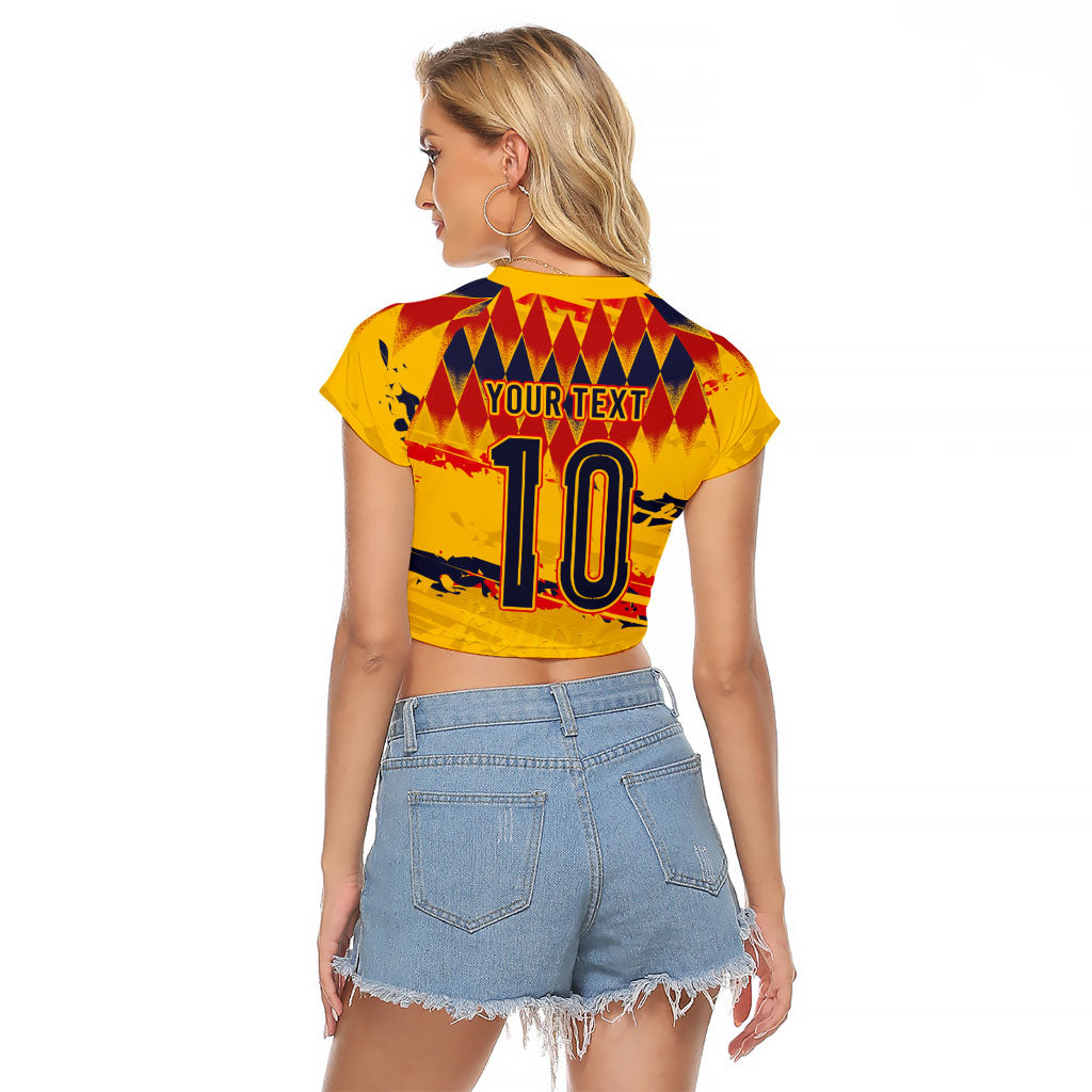 Ecuador National Football Custom Raglan Cropped T Shirt Argyle Pattern With Grunge Flag Splatter Graphics