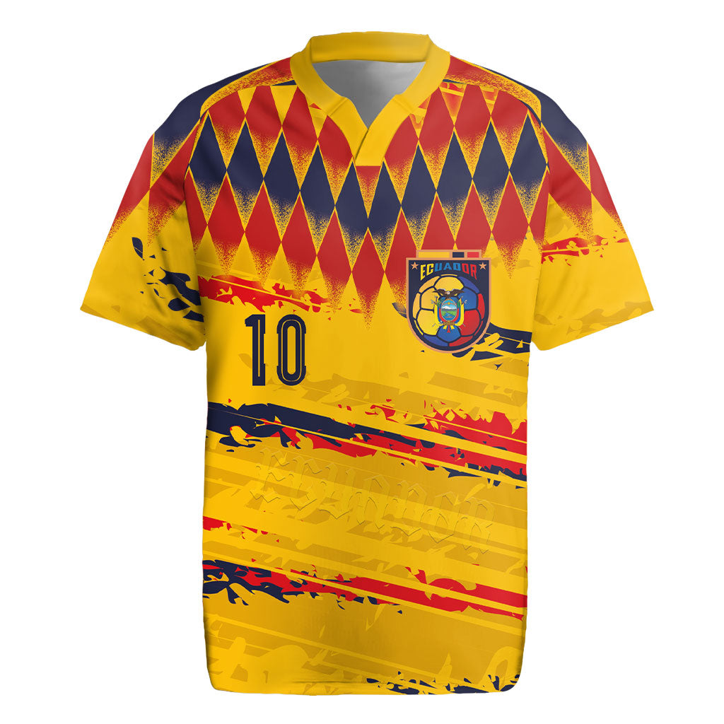 Ecuador National Football Custom Rugby Jersey Argyle Pattern With Grunge Flag Splatter Graphics