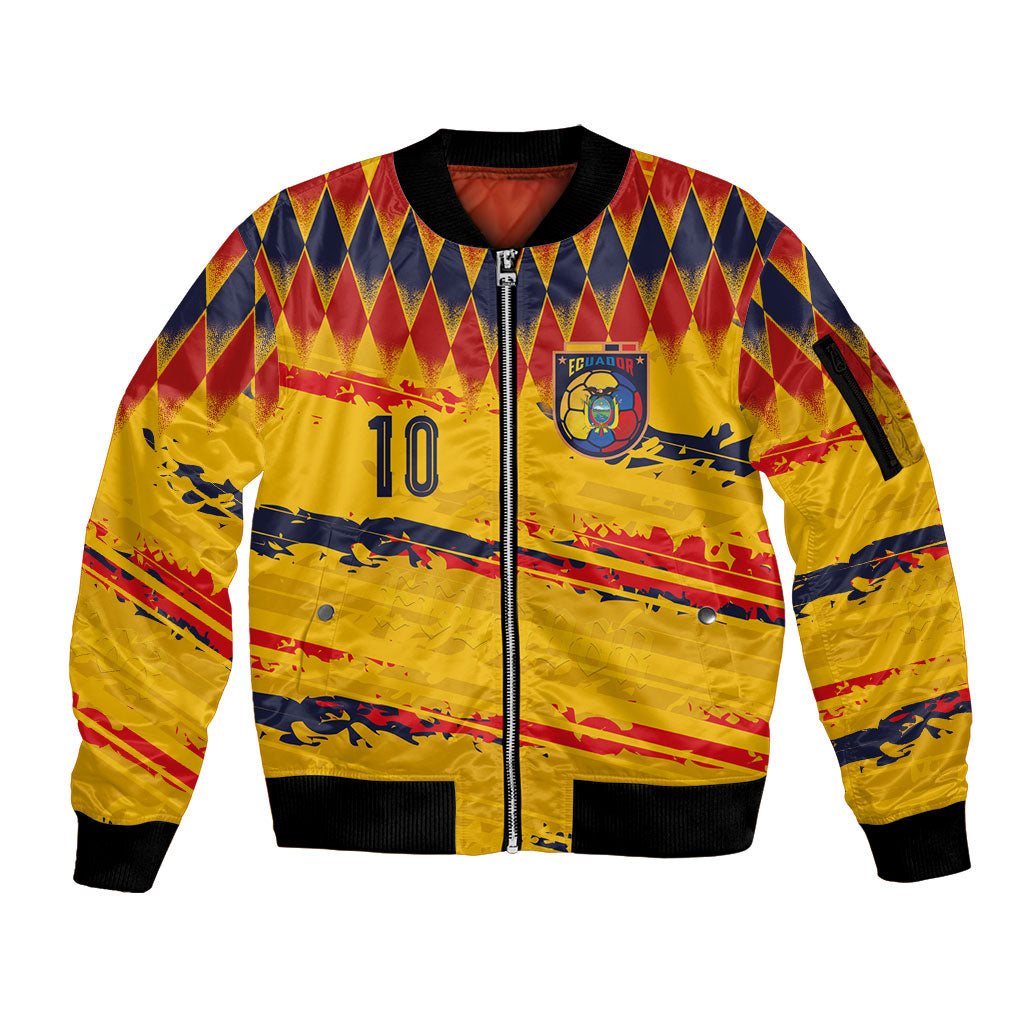 Ecuador National Football Custom Sleeve Zip Bomber Jacket Argyle Pattern With Grunge Flag Splatter Graphics