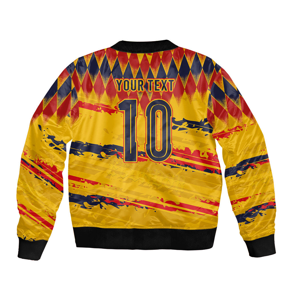 Ecuador National Football Custom Sleeve Zip Bomber Jacket Argyle Pattern With Grunge Flag Splatter Graphics