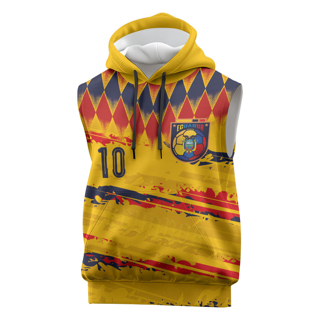 Ecuador National Football Custom Sleeveless Hoodie Argyle Pattern With Grunge Flag Splatter Graphics