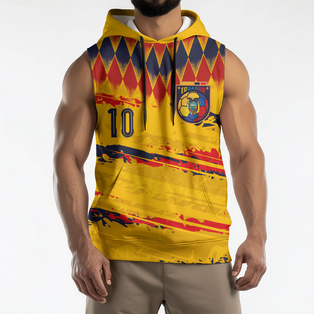 Ecuador National Football Custom Sleeveless Hoodie Argyle Pattern With Grunge Flag Splatter Graphics
