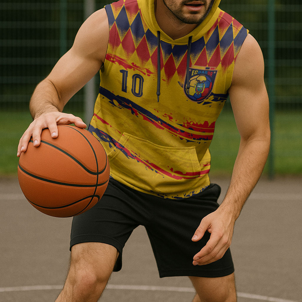 Ecuador National Football Custom Sleeveless Hoodie Argyle Pattern With Grunge Flag Splatter Graphics