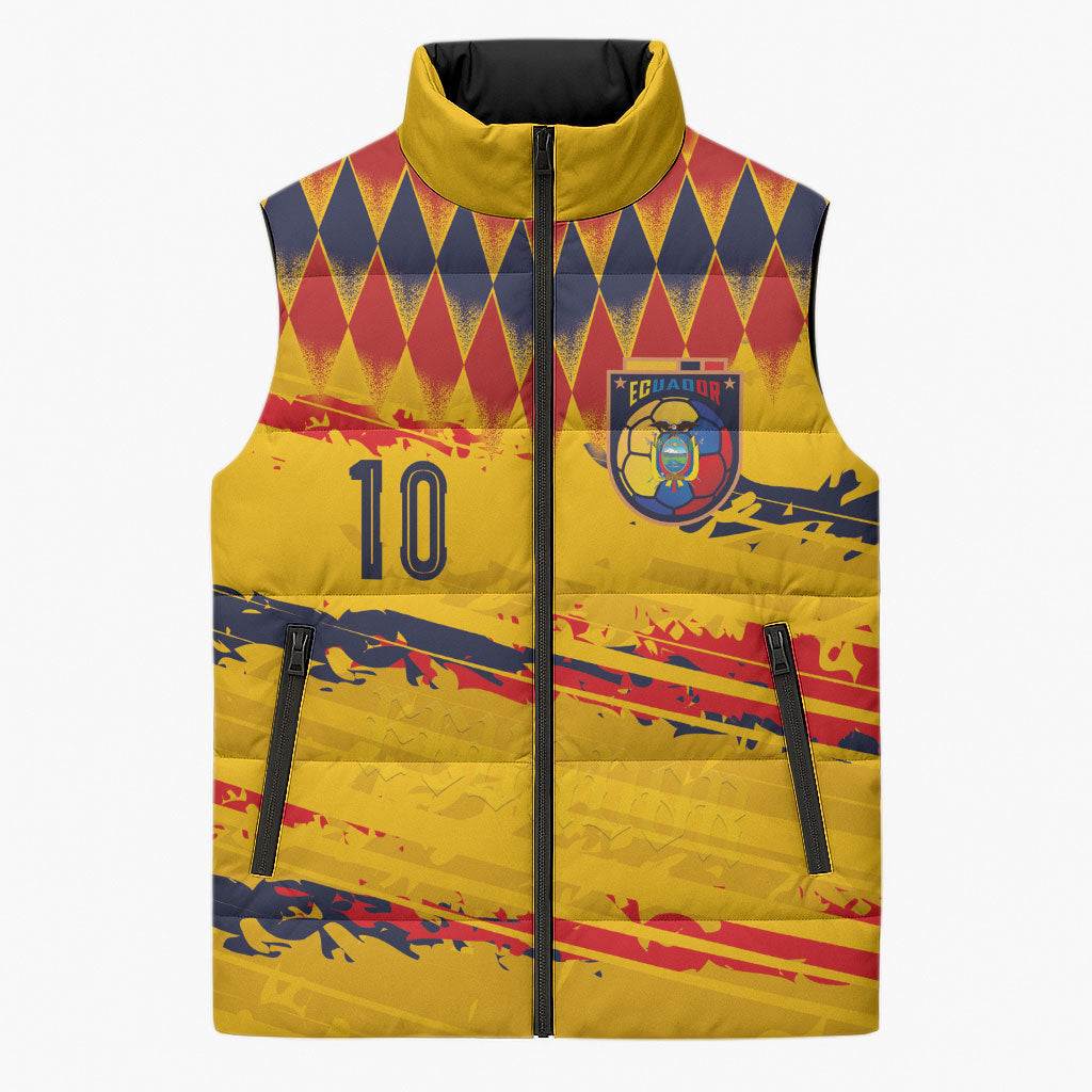 Ecuador National Football Custom Sleeveless Puffer Jacket Argyle Pattern With Grunge Flag Splatter Graphics