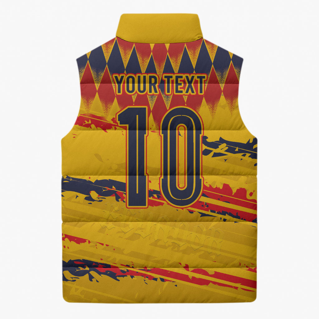 Ecuador National Football Custom Sleeveless Puffer Jacket Argyle Pattern With Grunge Flag Splatter Graphics