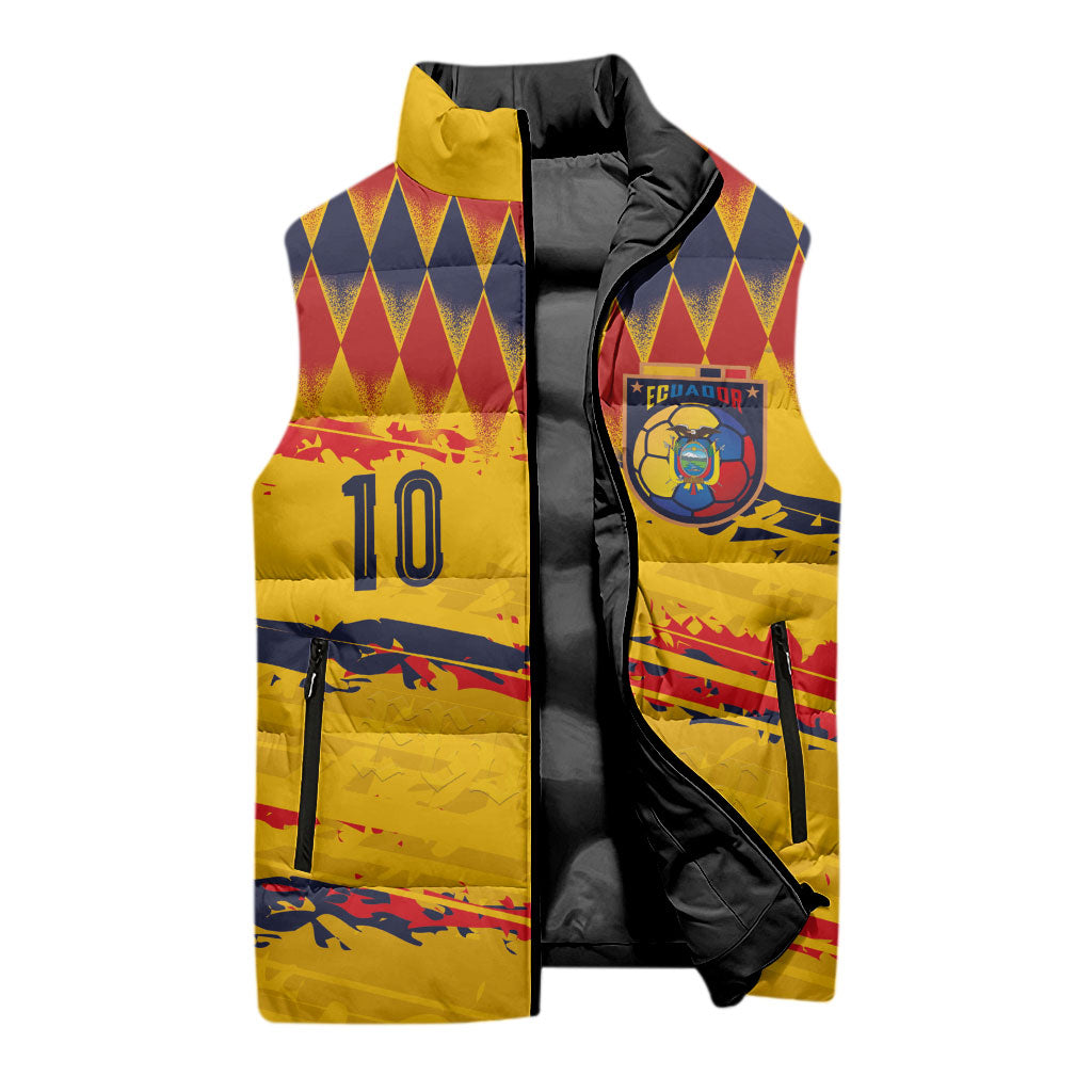 Ecuador National Football Custom Sleeveless Puffer Jacket Argyle Pattern With Grunge Flag Splatter Graphics
