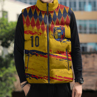 Ecuador National Football Custom Sleeveless Puffer Jacket Argyle Pattern With Grunge Flag Splatter Graphics