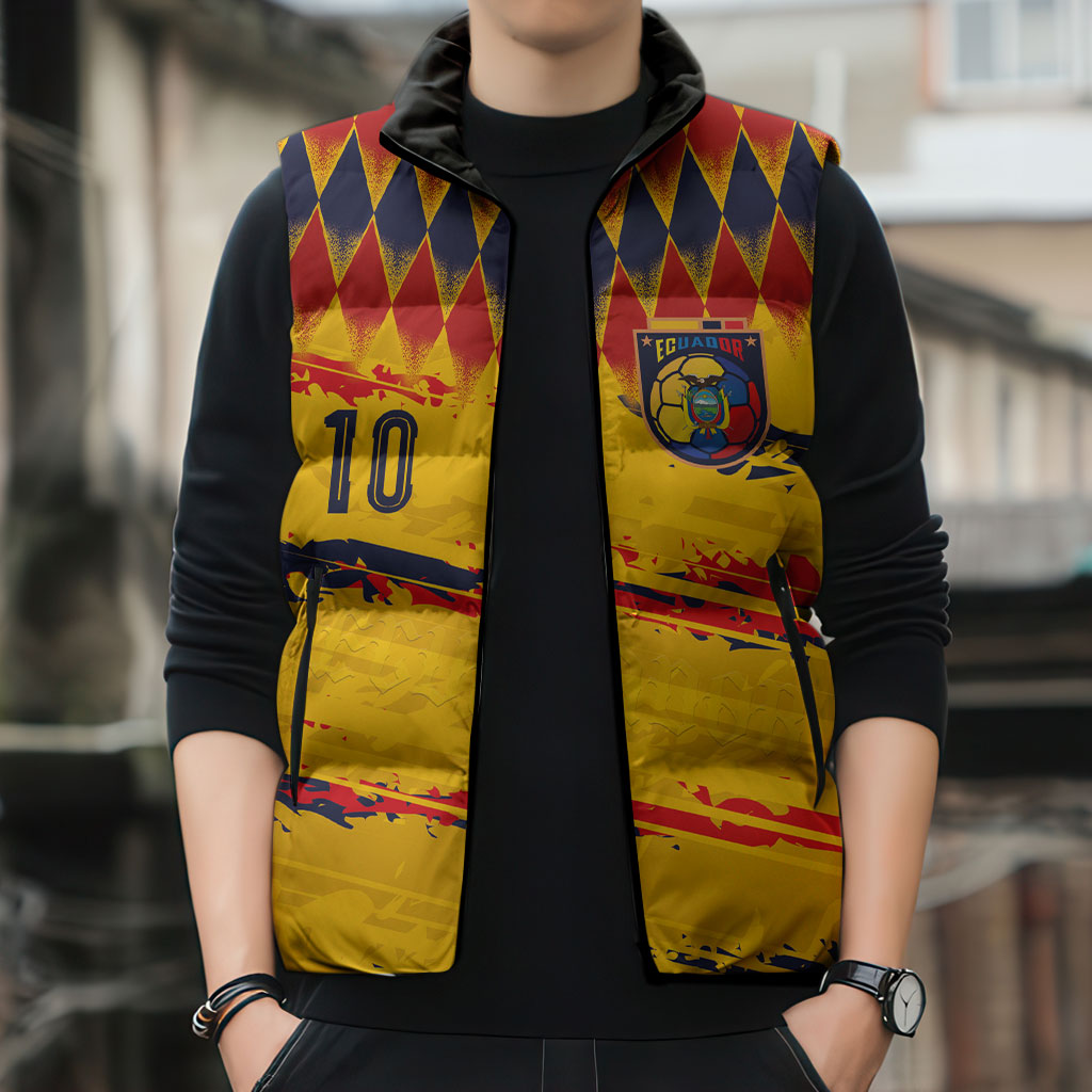 Ecuador National Football Custom Sleeveless Puffer Jacket Argyle Pattern With Grunge Flag Splatter Graphics