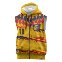Ecuador National Football Custom Sleeveless Zip Hoodie Argyle Pattern With Grunge Flag Splatter Graphics