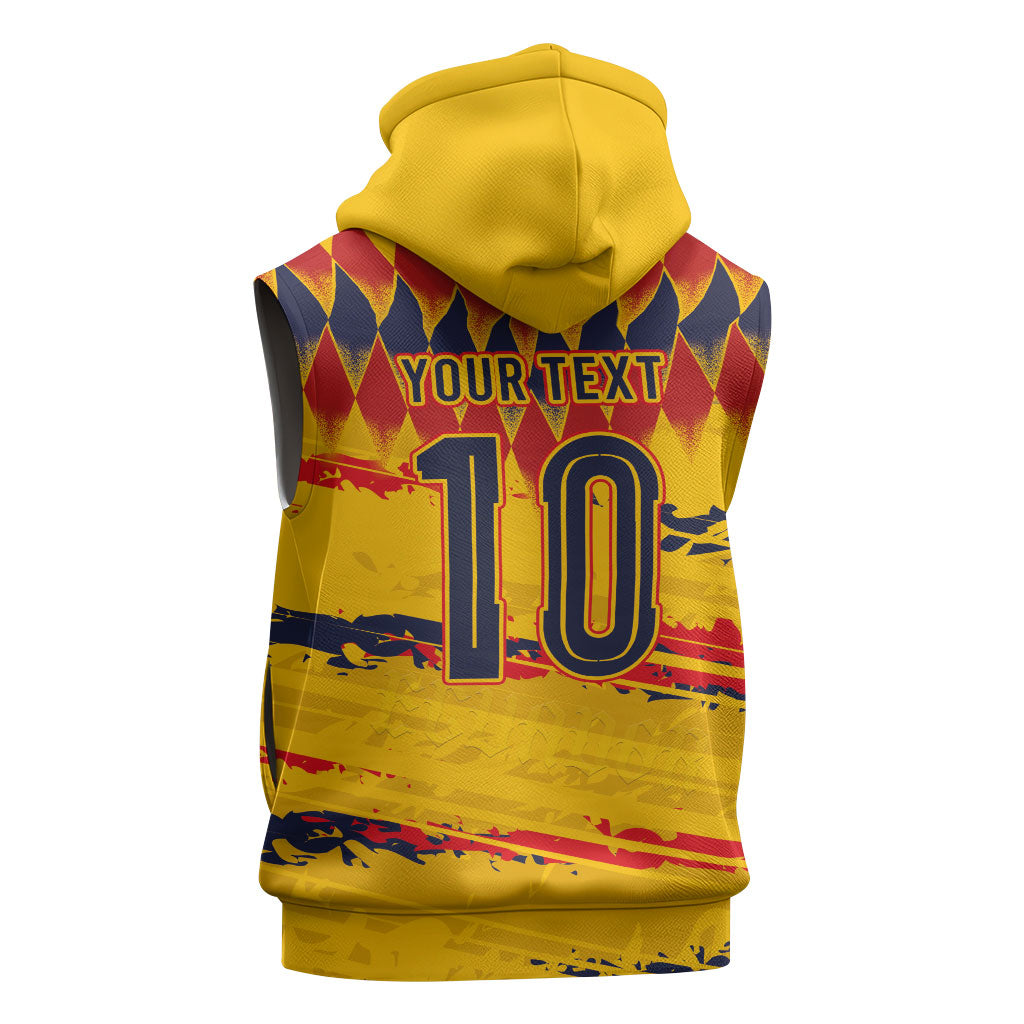 Ecuador National Football Custom Sleeveless Zip Hoodie Argyle Pattern With Grunge Flag Splatter Graphics