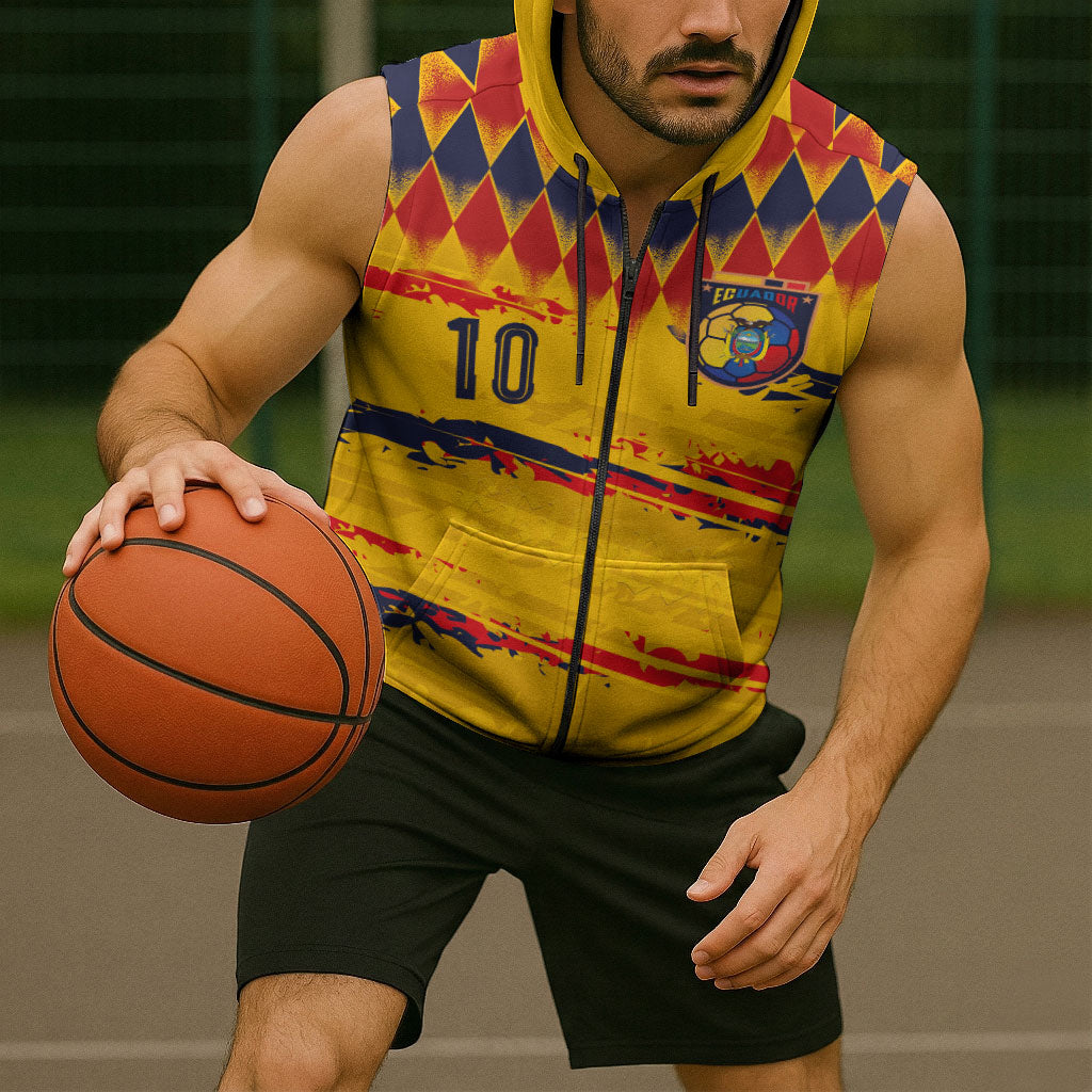 Ecuador National Football Custom Sleeveless Zip Hoodie Argyle Pattern With Grunge Flag Splatter Graphics