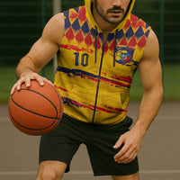 Ecuador National Football Custom Sleeveless Zip Hoodie Argyle Pattern With Grunge Flag Splatter Graphics