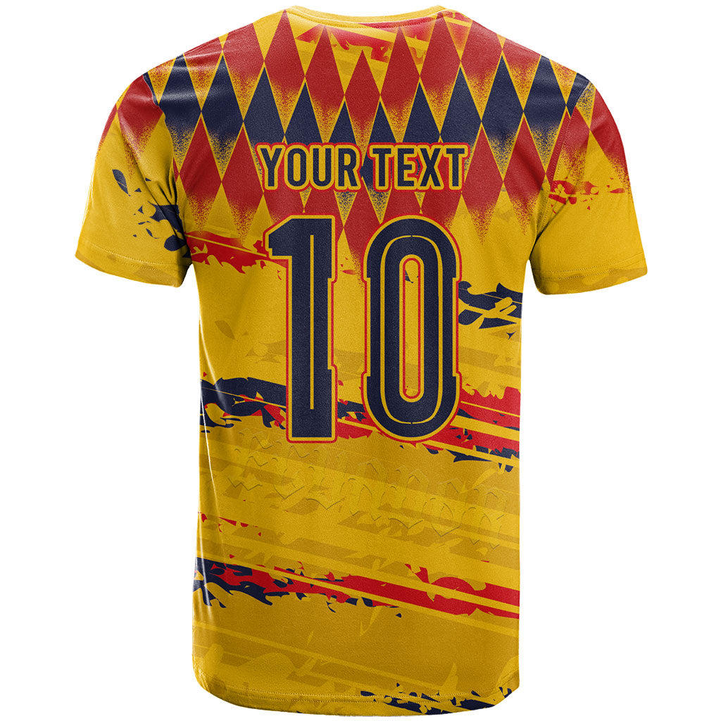Ecuador National Football Custom T Shirt Argyle Pattern With Grunge Flag Splatter Graphics