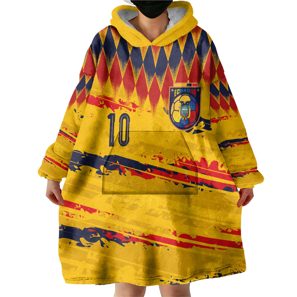 Ecuador National Football Custom Wearable Blanket Hoodie Argyle Pattern With Grunge Flag Splatter Graphics