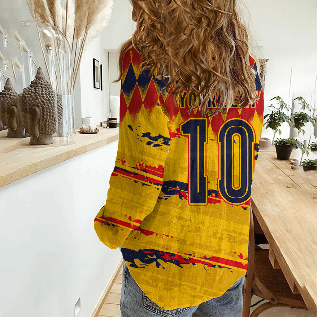 Ecuador National Football Custom Women Casual Shirt Argyle Pattern With Grunge Flag Splatter Graphics