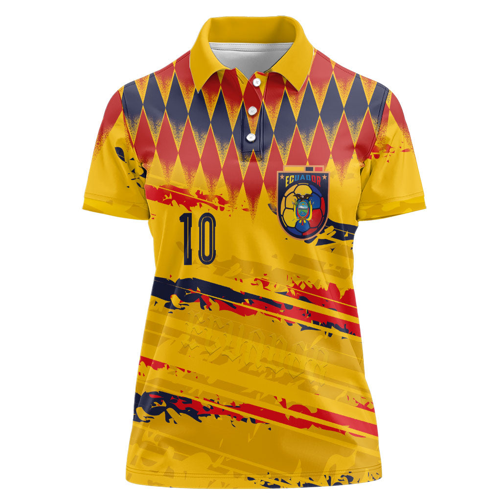 Ecuador National Football Custom Women Polo Shirt Argyle Pattern With Grunge Flag Splatter Graphics