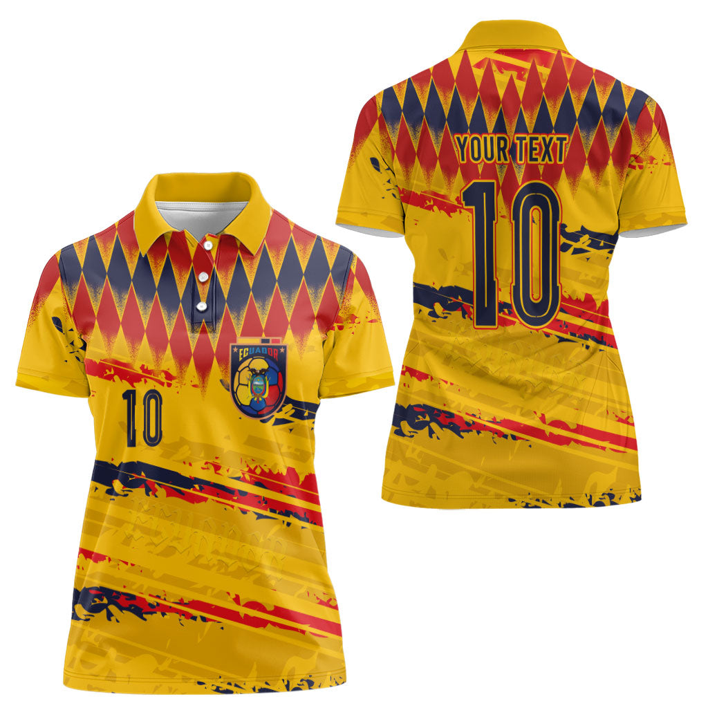 Ecuador National Football Custom Women Polo Shirt Argyle Pattern With Grunge Flag Splatter Graphics