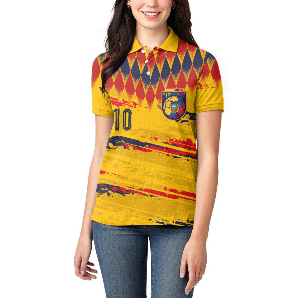 Ecuador National Football Custom Women Polo Shirt Argyle Pattern With Grunge Flag Splatter Graphics