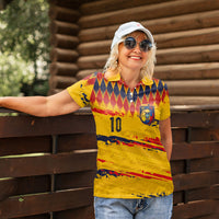 Ecuador National Football Custom Women Polo Shirt Argyle Pattern With Grunge Flag Splatter Graphics