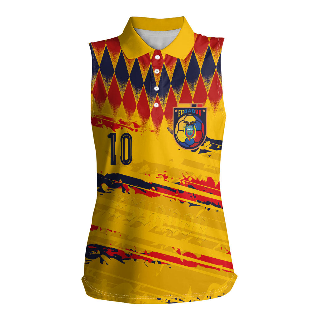Ecuador National Football Custom Women Sleeveless Polo Shirt Argyle Pattern With Grunge Flag Splatter Graphics