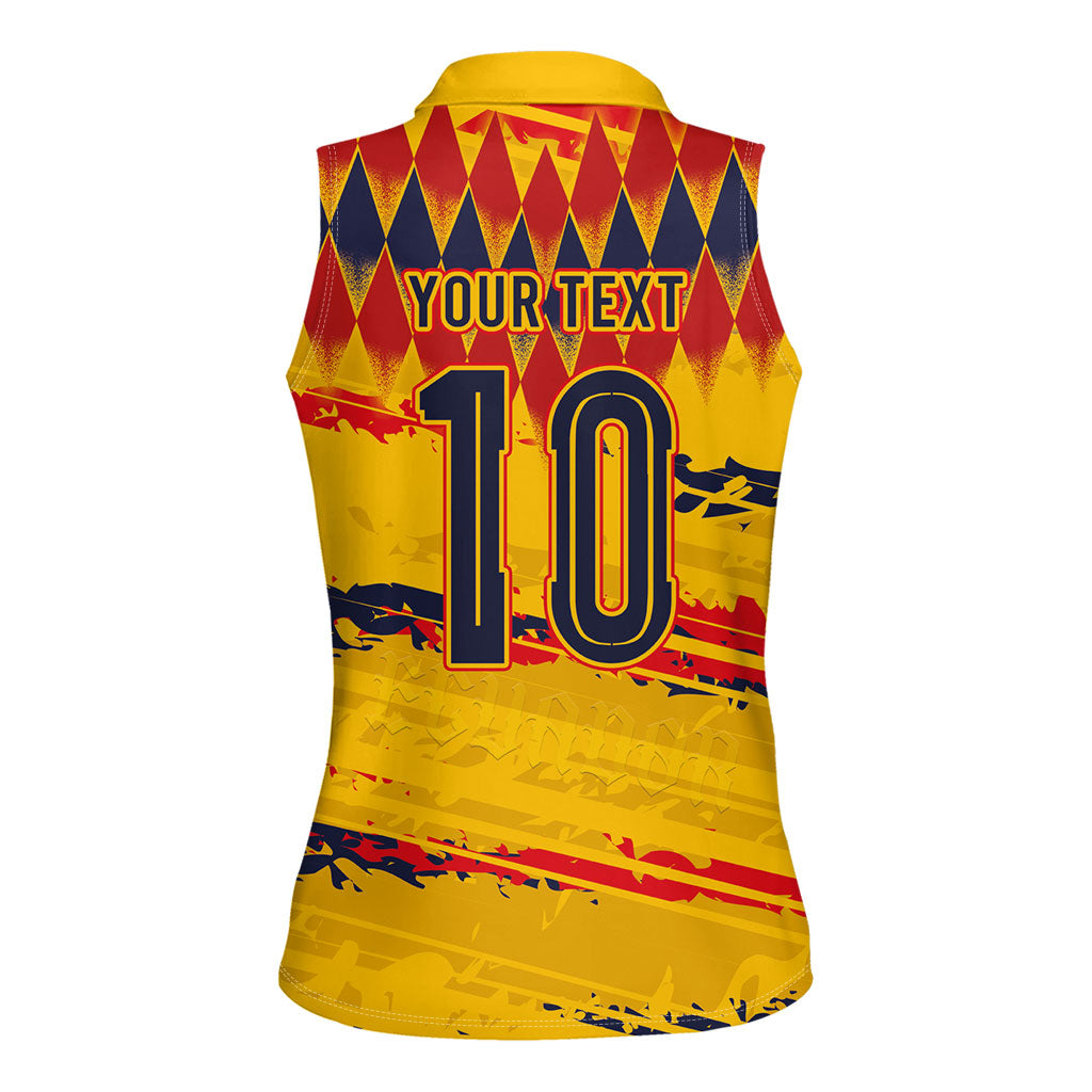Ecuador National Football Custom Women Sleeveless Polo Shirt Argyle Pattern With Grunge Flag Splatter Graphics