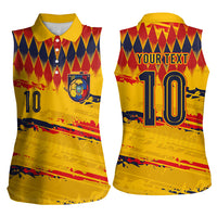 Ecuador National Football Custom Women Sleeveless Polo Shirt Argyle Pattern With Grunge Flag Splatter Graphics
