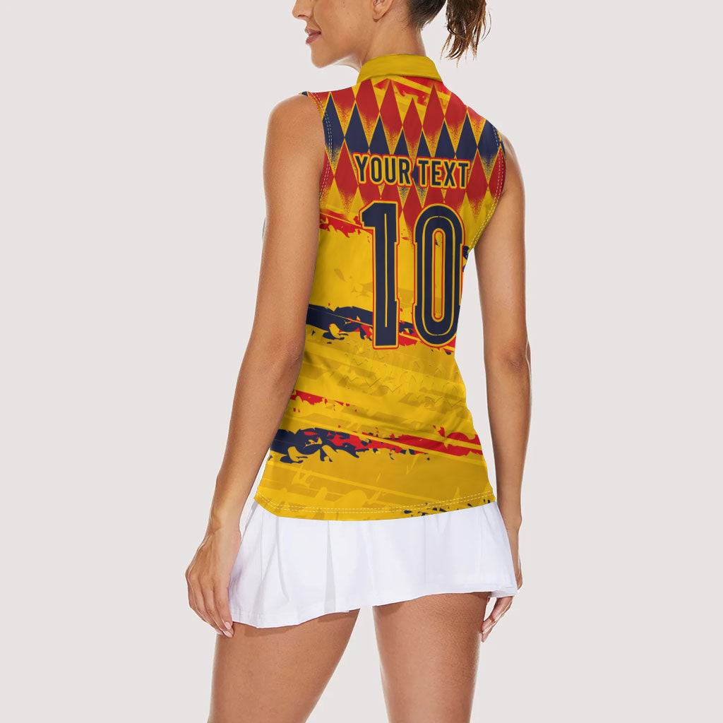 Ecuador National Football Custom Women Sleeveless Polo Shirt Argyle Pattern With Grunge Flag Splatter Graphics