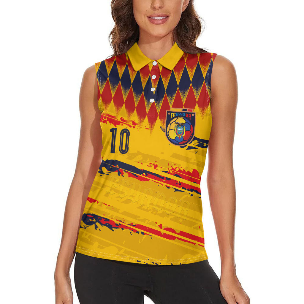 Ecuador National Football Custom Women Sleeveless Polo Shirt Argyle Pattern With Grunge Flag Splatter Graphics
