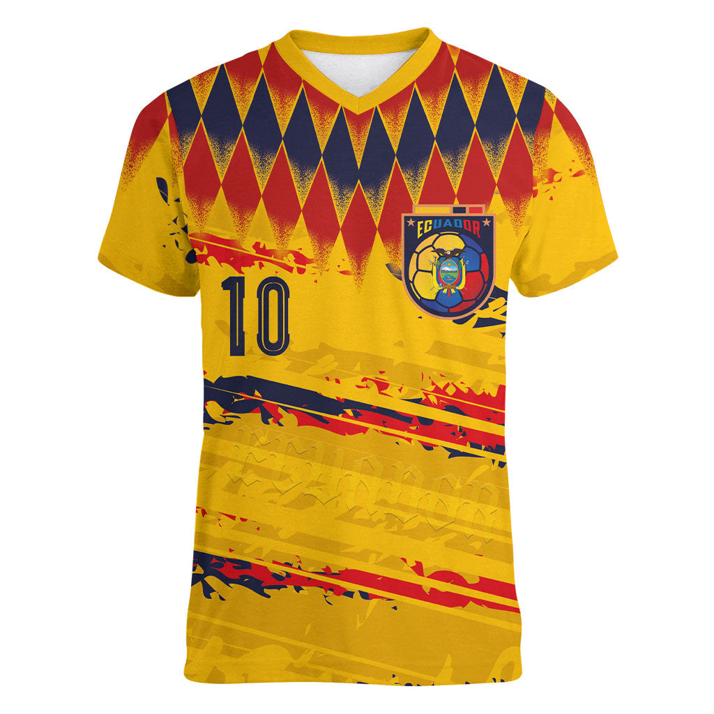 Ecuador National Football Custom Women V-Neck T-Shirt Argyle Pattern With Grunge Flag Splatter Graphics