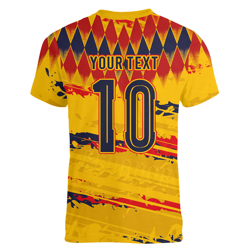 Ecuador National Football Custom Women V-Neck T-Shirt Argyle Pattern With Grunge Flag Splatter Graphics