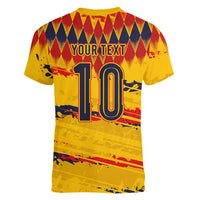 Ecuador National Football Custom Women V-Neck T-Shirt Argyle Pattern With Grunge Flag Splatter Graphics