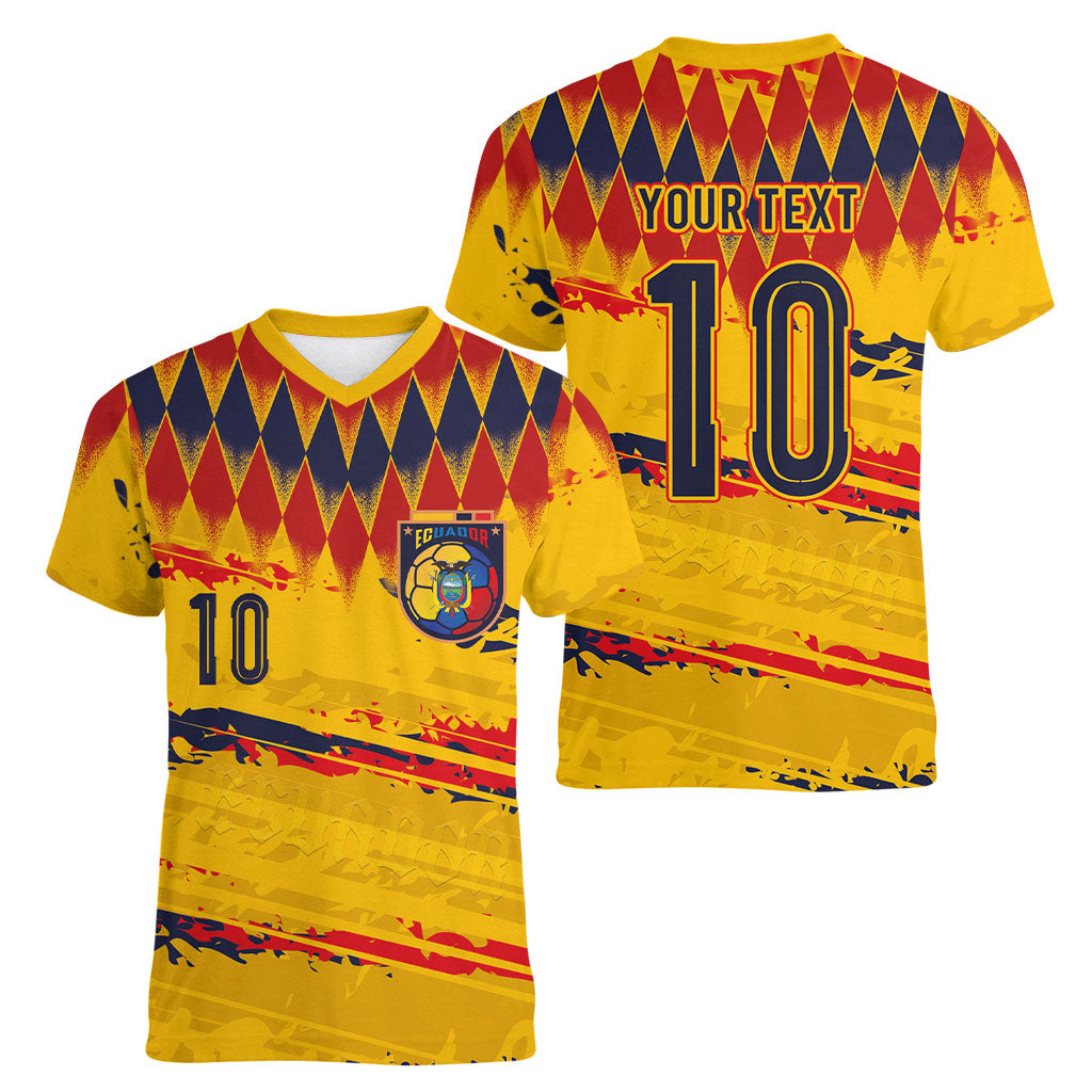 Ecuador National Football Custom Women V-Neck T-Shirt Argyle Pattern With Grunge Flag Splatter Graphics
