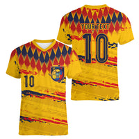 Ecuador National Football Custom Women V-Neck T-Shirt Argyle Pattern With Grunge Flag Splatter Graphics