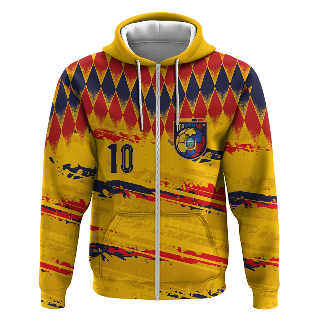 Ecuador National Football Custom Zip Hoodie Argyle Pattern With Grunge Flag Splatter Graphics
