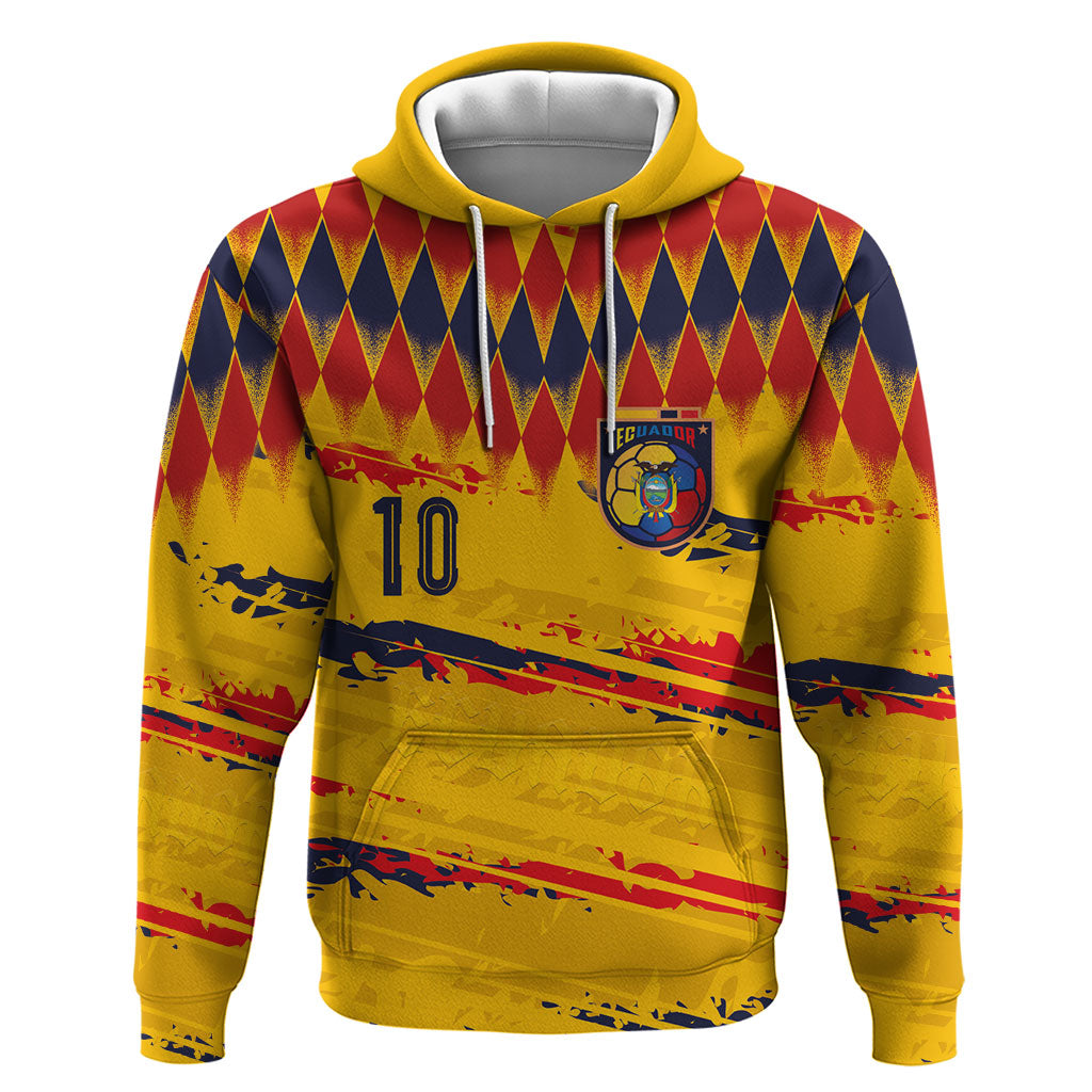 Ecuador National Football Custom Zip Hoodie Argyle Pattern With Grunge Flag Splatter Graphics