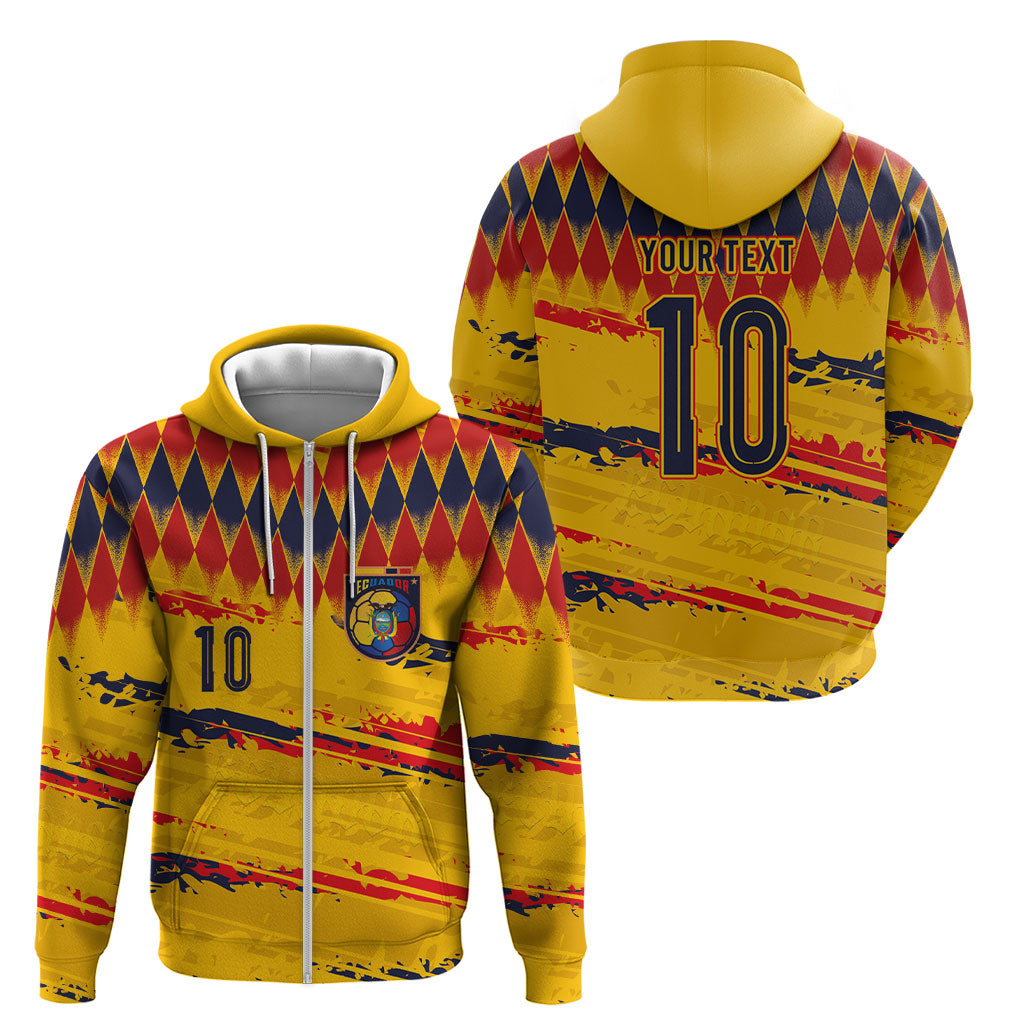 Ecuador National Football Custom Zip Hoodie Argyle Pattern With Grunge Flag Splatter Graphics
