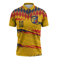 Ecuador National Football Custom Zipper Polo Shirt Argyle Pattern With Grunge Flag Splatter Graphics