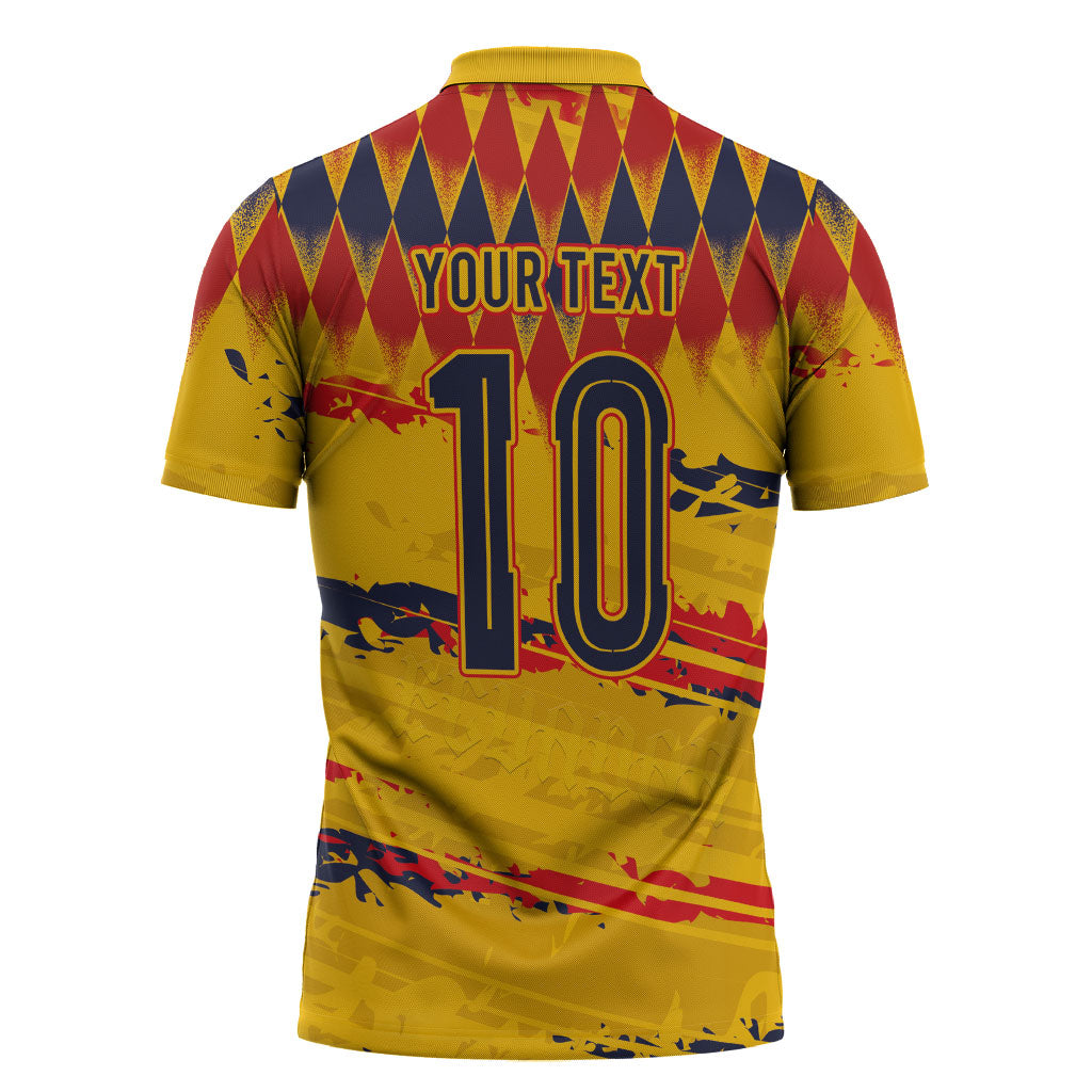Ecuador National Football Custom Zipper Polo Shirt Argyle Pattern With Grunge Flag Splatter Graphics