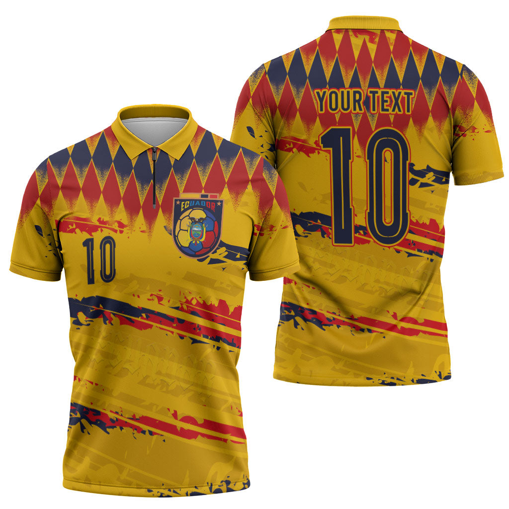 Ecuador National Football Custom Zipper Polo Shirt Argyle Pattern With Grunge Flag Splatter Graphics