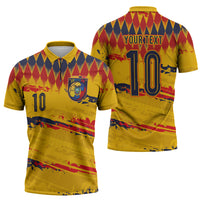 Ecuador National Football Custom Zipper Polo Shirt Argyle Pattern With Grunge Flag Splatter Graphics