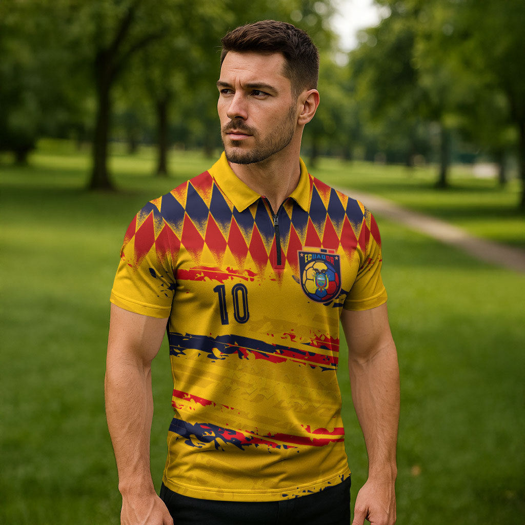 Ecuador National Football Custom Zipper Polo Shirt Argyle Pattern With Grunge Flag Splatter Graphics