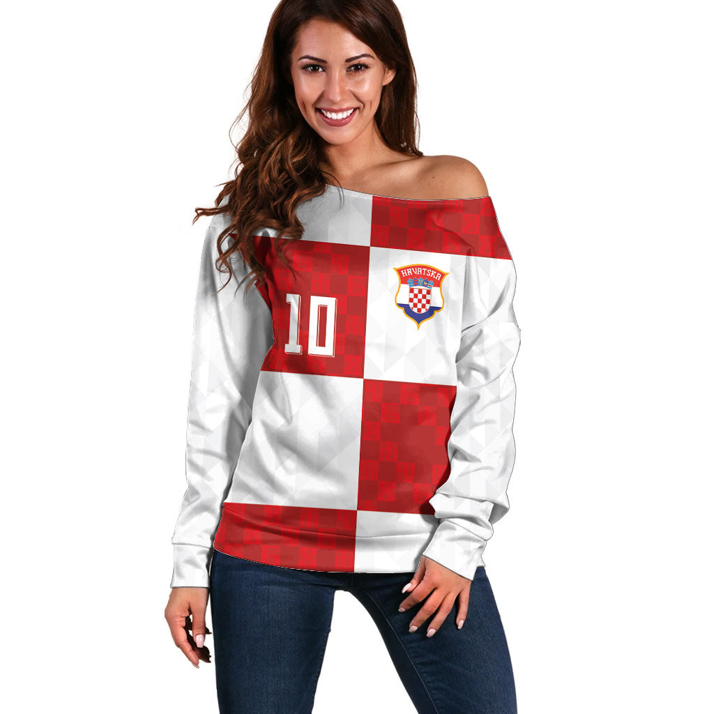 Croatia National Football Custom Off Shoulder Sweater Checkerboard Pattern with Glagolitic Script
