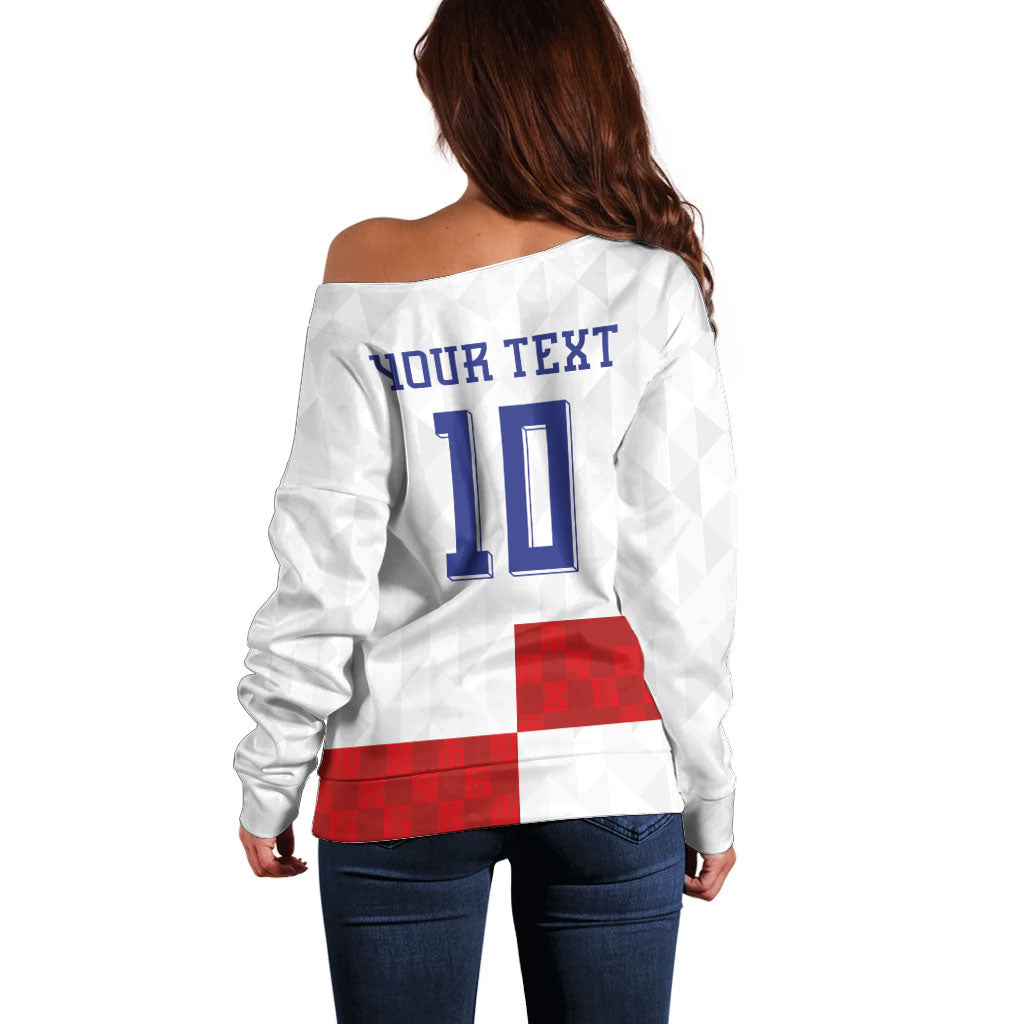 Croatia National Football Custom Off Shoulder Sweater Checkerboard Pattern with Glagolitic Script