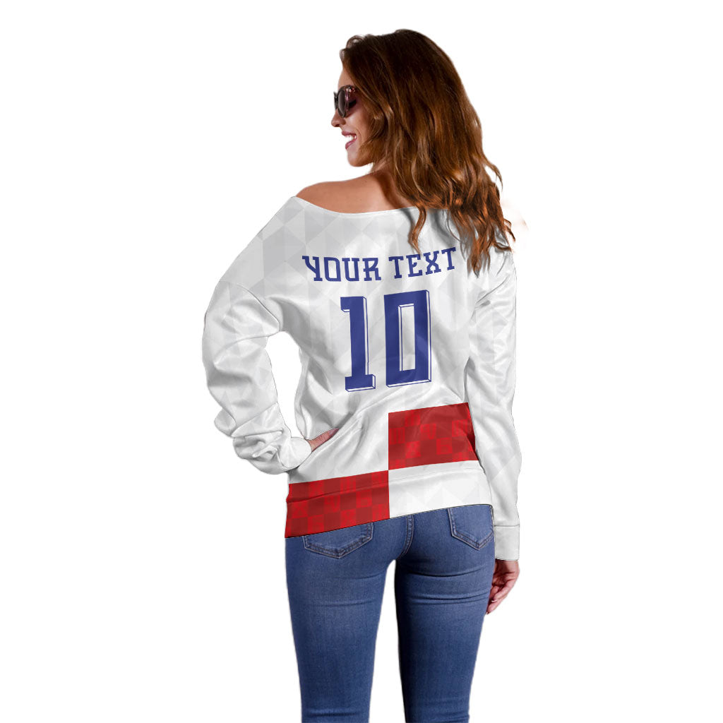 Croatia National Football Custom Off Shoulder Sweater Checkerboard Pattern with Glagolitic Script
