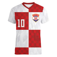 Croatia National Football Custom Women V-Neck T-Shirt Checkerboard Pattern with Glagolitic Script