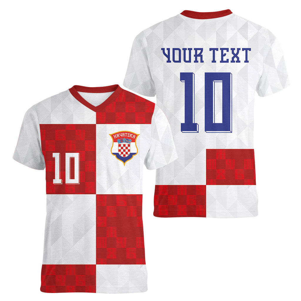 Croatia National Football Custom Women V-Neck T-Shirt Checkerboard Pattern with Glagolitic Script