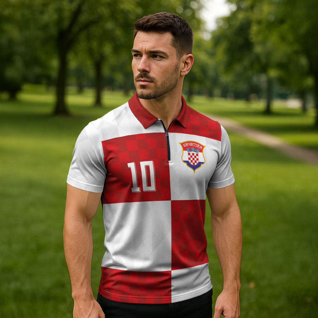 Croatia National Football Custom Zipper Polo Shirt Checkerboard Pattern with Glagolitic Script