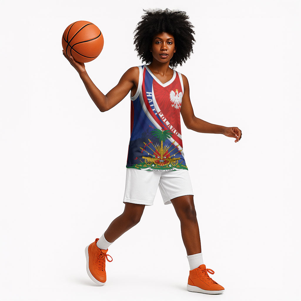 Personalized Haiti and Poland Cultural Fusion Basketball Jersey White Eagle and Haitian Independence Symbols