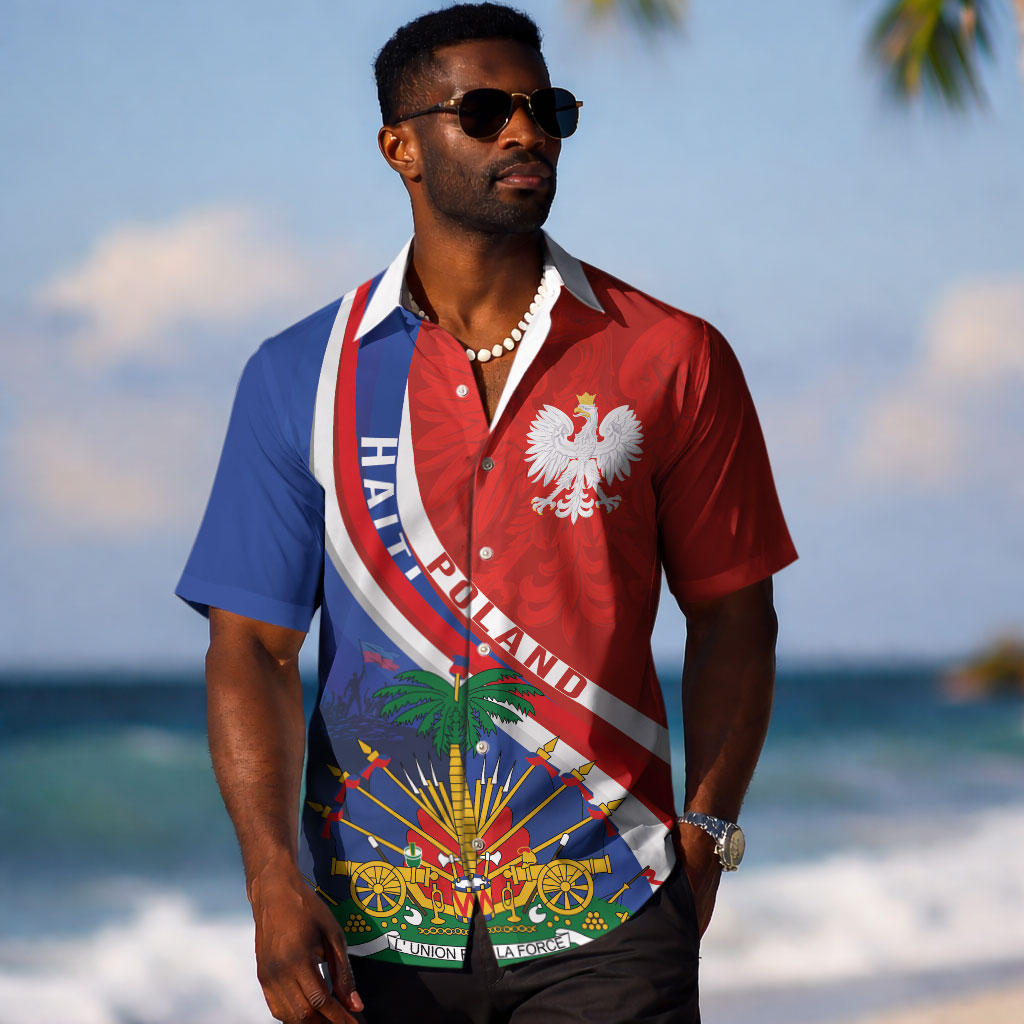 Personalized Haiti and Poland Cultural Fusion Hawaiian Shirt White Eagle and Haitian Independence Symbols LT03