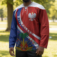 Personalized Haiti and Poland Cultural Fusion Hockey Jersey White Eagle and Haitian Independence Symbols